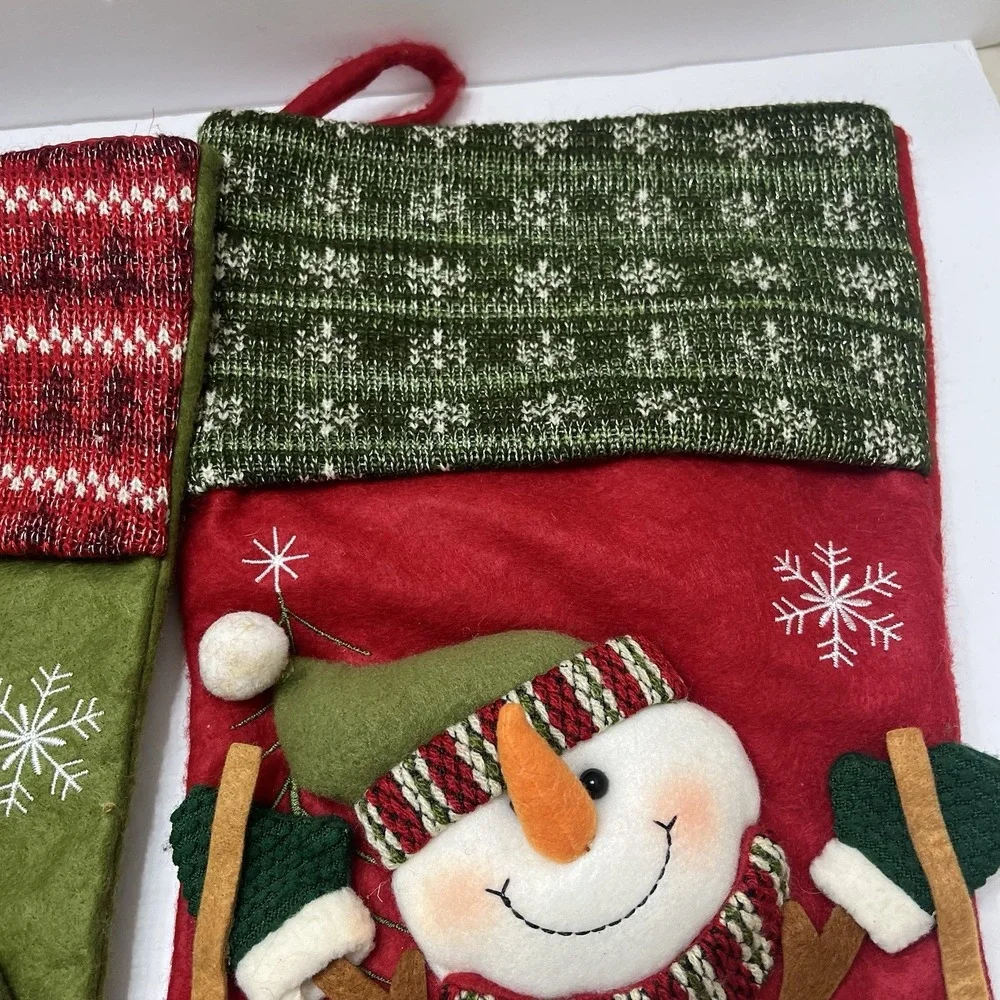 Christmas Stockings Set Of 3 Plush Reindeer Bear Snowman Knitted Embroidered 18